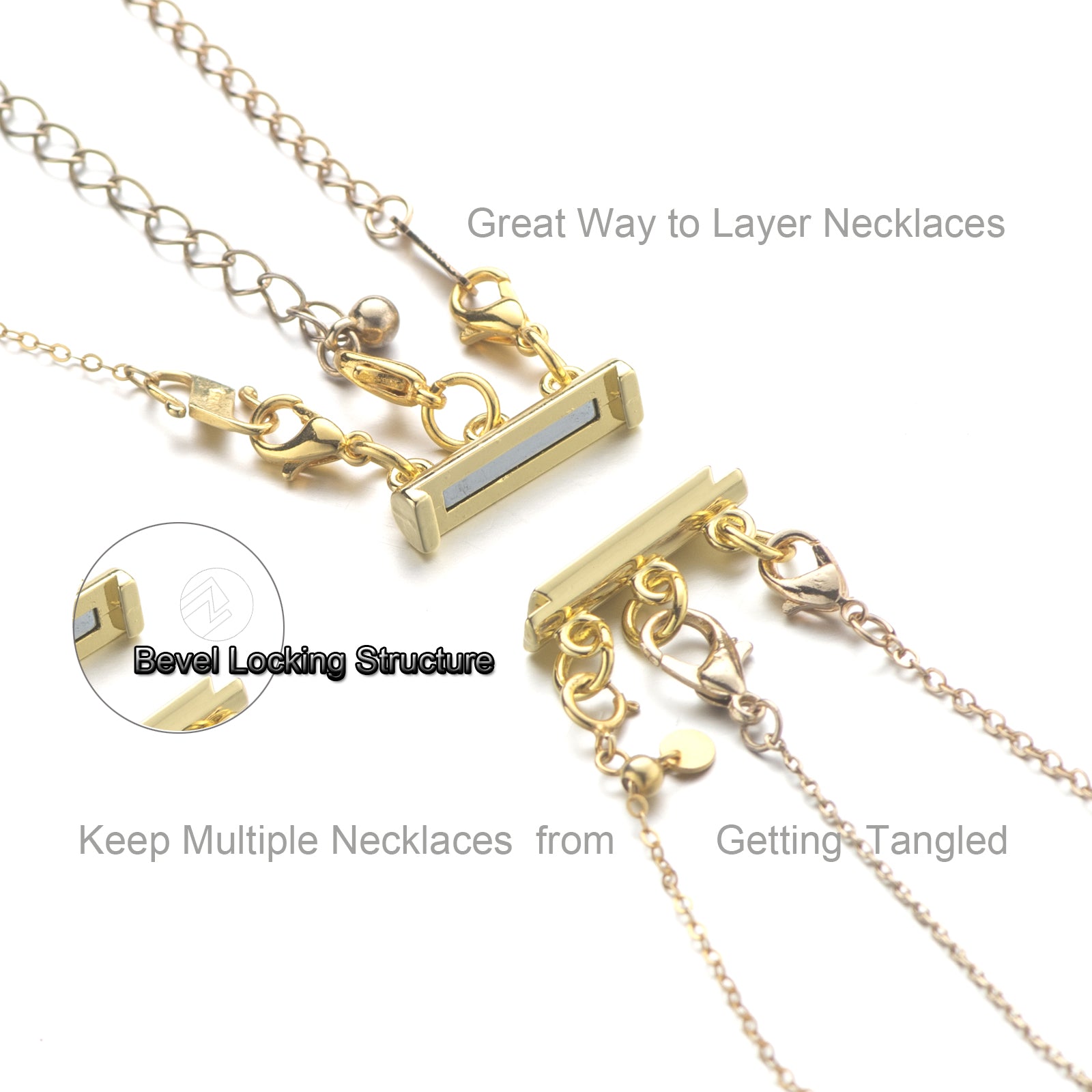 Necklace Layering Clasps Separator for Stackable Necklaces Chains, Necklace Clasps for Layered Look Without Getting Tangled 2+3 Strands (Gold+Silver)